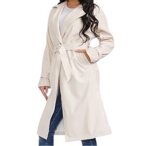 Long Sleeve Open Front Pockets Belted PU Pleather Coat in Cream
